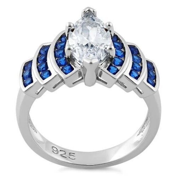Sterling Silver Elegant Blue Spinel Marquise Clear CZ Ring New - Picture 3 of 4